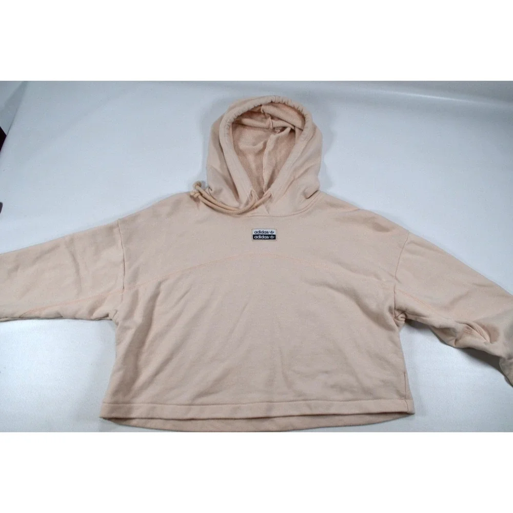 Adidas‎ Women's L Oversized Beige Cropped Hoodie Pullover Sweatshirt Logo